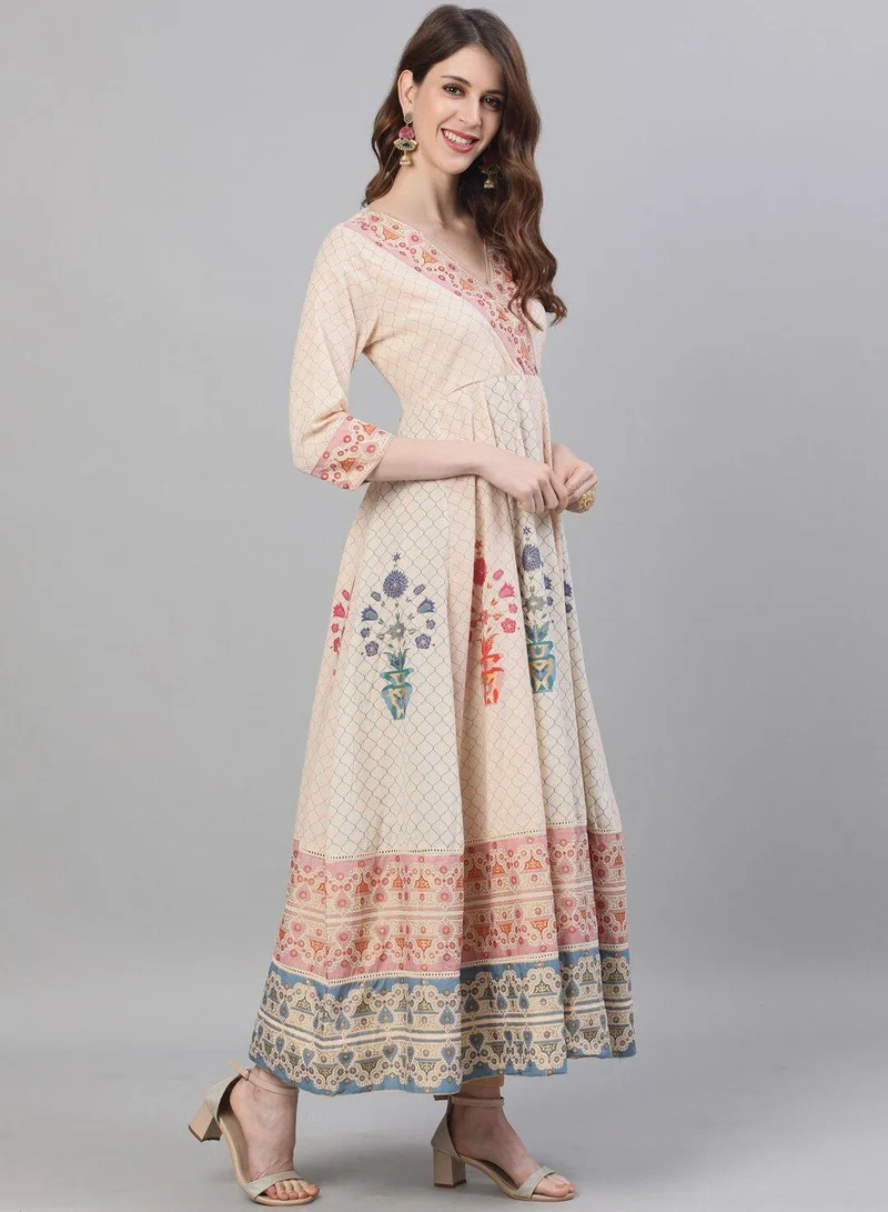 ISHIN  Women's Beige Rayon Printed Tunic Straight Fit Kurta for Women | Best Price UAE